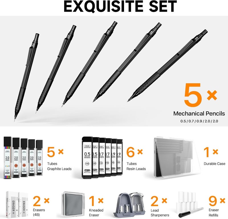Four Candies Metal Mechanical Pencil Set, 3PCS Art Drafting Pencils 0.5, 0.7, 0.9MM & 2PCS 2MM Mechanical Drawing Pencils with 420PCS Leads (4B 2B HB 2H Color) for Writing Sketching Drawing (Black) - Image 5